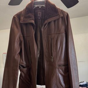 Women’s Brown Leather Jacket with Sherpa Collar
